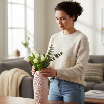 une femme met des fleurs dans le Vase Nordique 