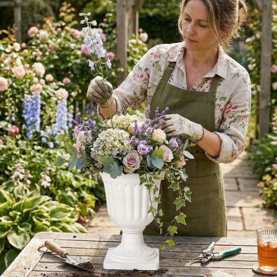 une femme met des fleurs dans le vase 