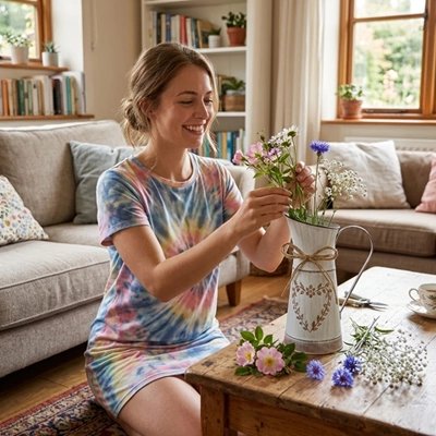 une femme met des fleurs dans Vases  en forme de Pichet
