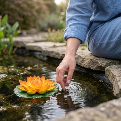 une femme met sa maine dans l'Eau avec la Fleurs artificielles de  nénuphar dans un étang 