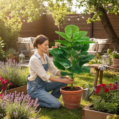 une femme met une Plante artificielle dans un pot au jardin