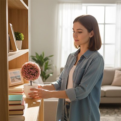 une femme met la Plante artificielle dans le salon