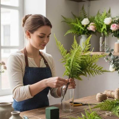 une femme met des Plante artificielle dans vase