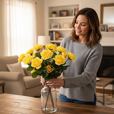 une femme met des Plante artificielle extérieur sur la table