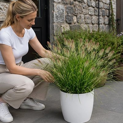 une femme met ses Plante artificielle herbe à roseau dans un pot