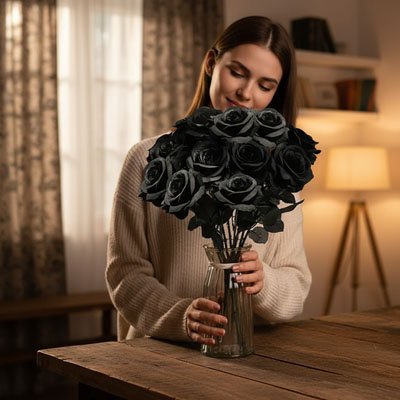 une femme met Plante artificielle rose noir dans un vase