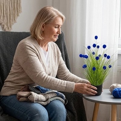 Une femme qui met la Plante artificielle sur une table dans le salon