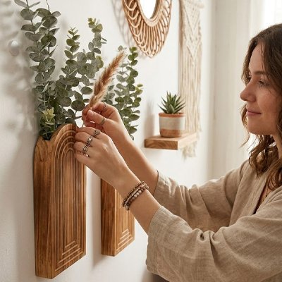 une femme met des plante dans Vase mural 