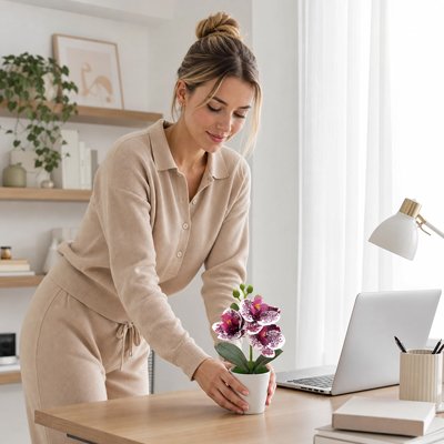 une femme met une Plantes artificielles Bonsaï sur le bureau