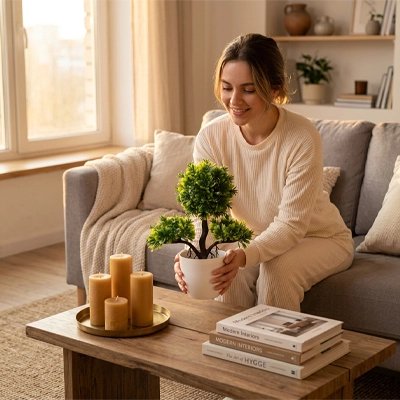 Une femme met la Plantes artificielles en forme d’arbre sur la table de salon