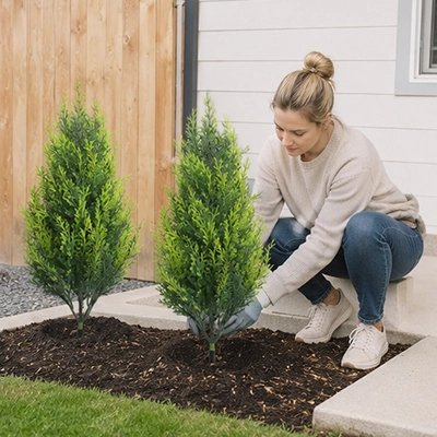 une femme installes ses Plantes artificielles en forme d'arbre dans l'entres