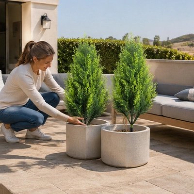 une femme met ses Plantes artificielles en forme d'arbre dans un pot sur le balcon