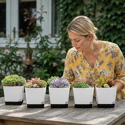 une femme qui met des Pot de fleur auto-arrosage  sur une table de jardin
