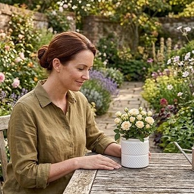 une femme met le Pot de fleur auto-arrosant avec des fleurs sur la table dehors