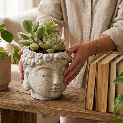 une femme met le Pot de fleur en Format Buddha sur la bibliothèque 