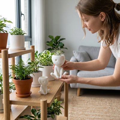 une femme met le Pot de fleur sur la table