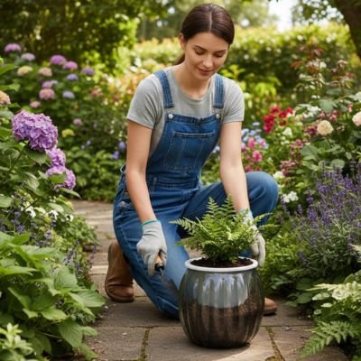une femme met le Pot de fleurs intérieur noir dehors dans le jardin