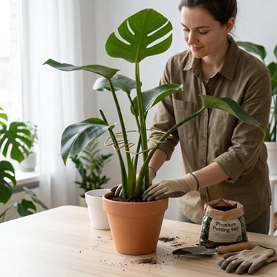 une femme met de la terre dans un pot avec un Support plante grimpante 