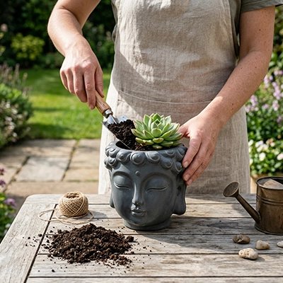 une femme met de la terre dans le Pot de fleur en Format Buddha
