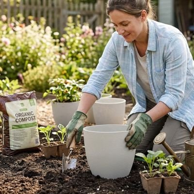 femme met la terre dans le Pot de fleur 