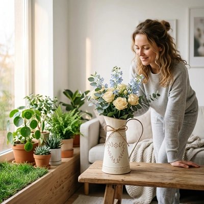 une femme met le Vases en forme de Pichet sur la table de salon