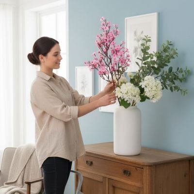 une femme mets dans vase des Plante artificielle rose 
