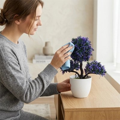 Une femme nettoie la Plantes artificielles en forme d’arbre 