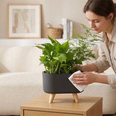 une femme nettoie le Pot de fleurs dans le salon