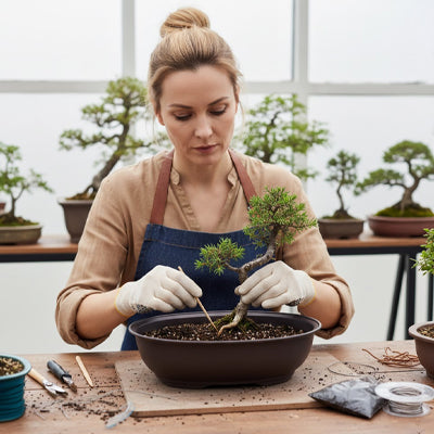 une femme plant dans le pot de bonsaï