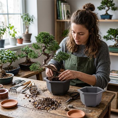 une femme plante une arbre dans le Pot bonsai 