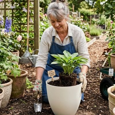 Femme plante dans le Pot de fleur plante dans le jardin
