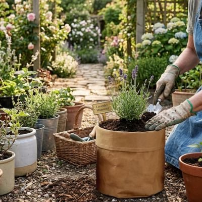 une femme qui plante des fleur dans le Pot de fleur dans le jardin