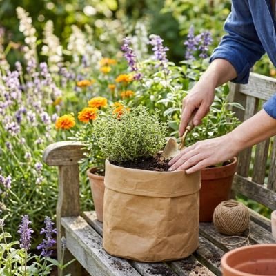 femme plante des fleurs dans le Pot de fleur sur une chaise 