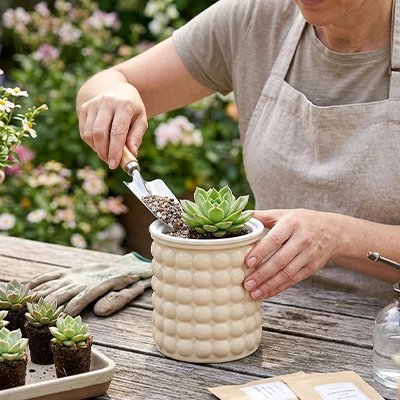 une femme plante une plante dans le mini Pot de fleur