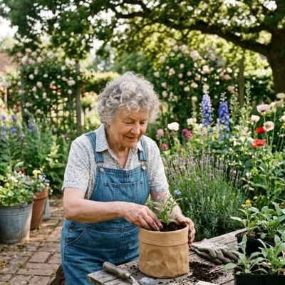femme plante des plante dans le Pot de fleur
