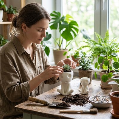 une femme plante des plante dans un Pot de fleur 