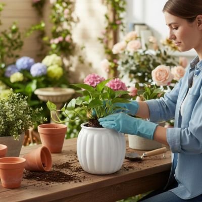 une femme plante une plante dans le Pot de fleurs intérieur blanc