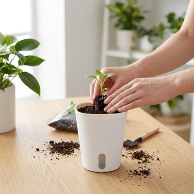 une femme plante un semi dans le Pot de fleurs intérieur