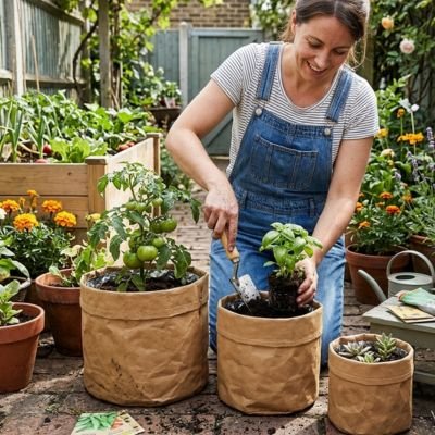 femme plantes des plantes dans les trois type de Pot de fleur