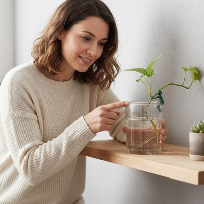 une femme pointe avec le doigt un Support plante intérieur en forme de bonhomme