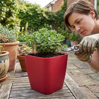 une femme prend soin de sa plante dans un Pot de fleurs 