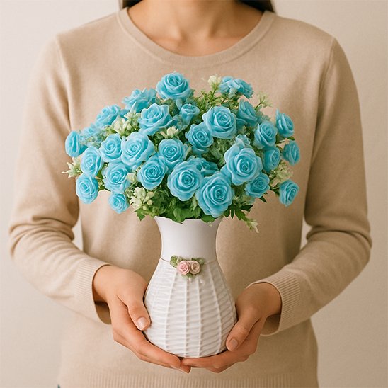 une femme prendre des  Plante artificielle rose bleu dans un vase