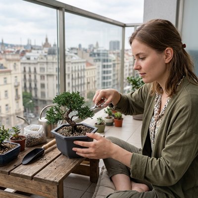 une femme prends soin de sa plante dans un Pot bonsai 