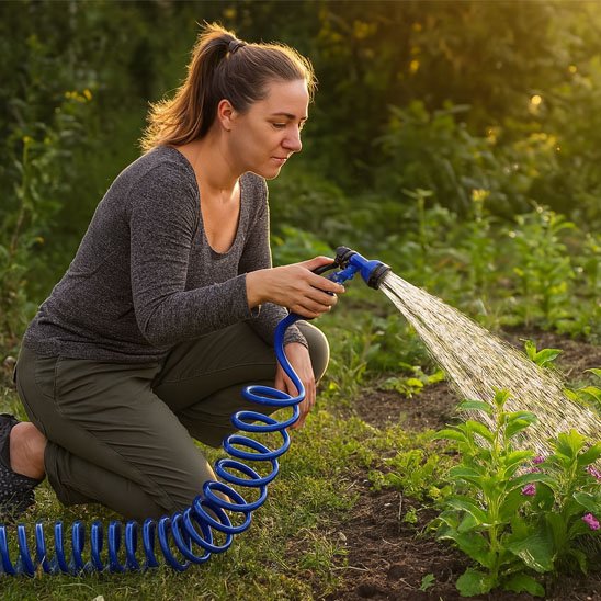 une femme qui arrose avec le Tuyau arrosage extensible