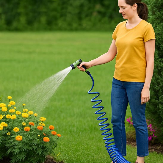 une femme qui arrose des fleurs avec Tuyau arrosage extensible