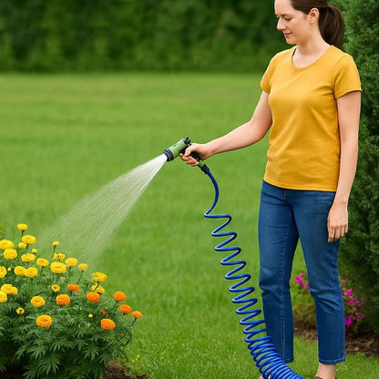 une femme qui arrose des fleurs avec Tuyau arrosage extensible