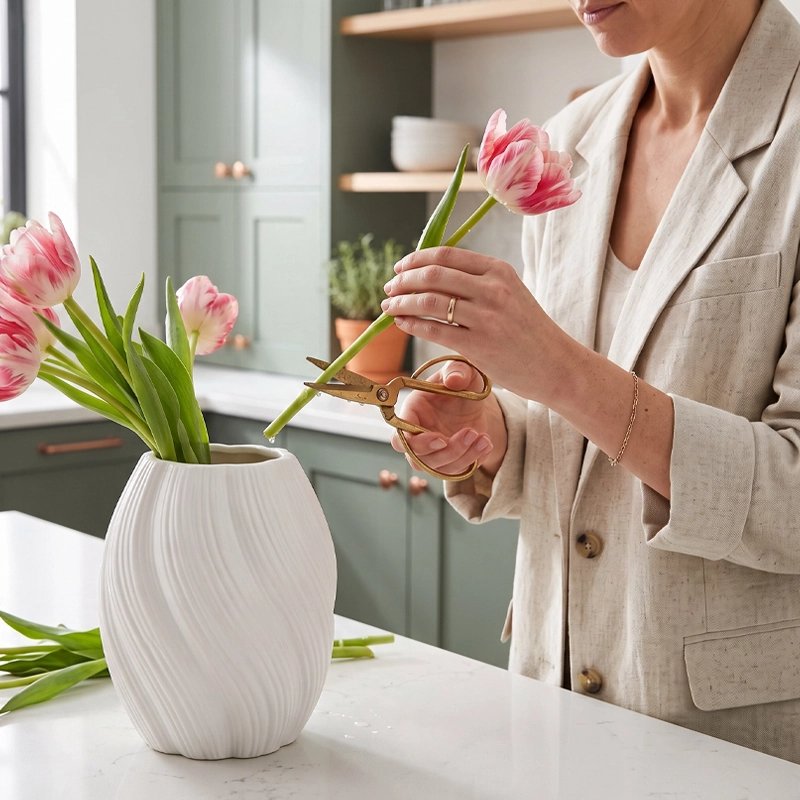 une femme qui met des fleurs tulipe dans le vase blanc sur le comptoir de la cuisine 