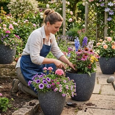 une femme qui plante des fleur dans le Pot de fleur 
