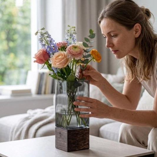 femme qui sent des fleurs dans le vase sur la table