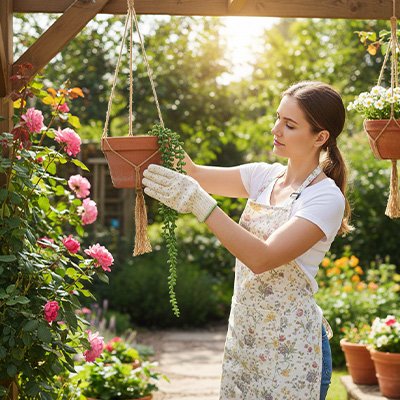une femme qui suspendu des Plante artificielle tombante 